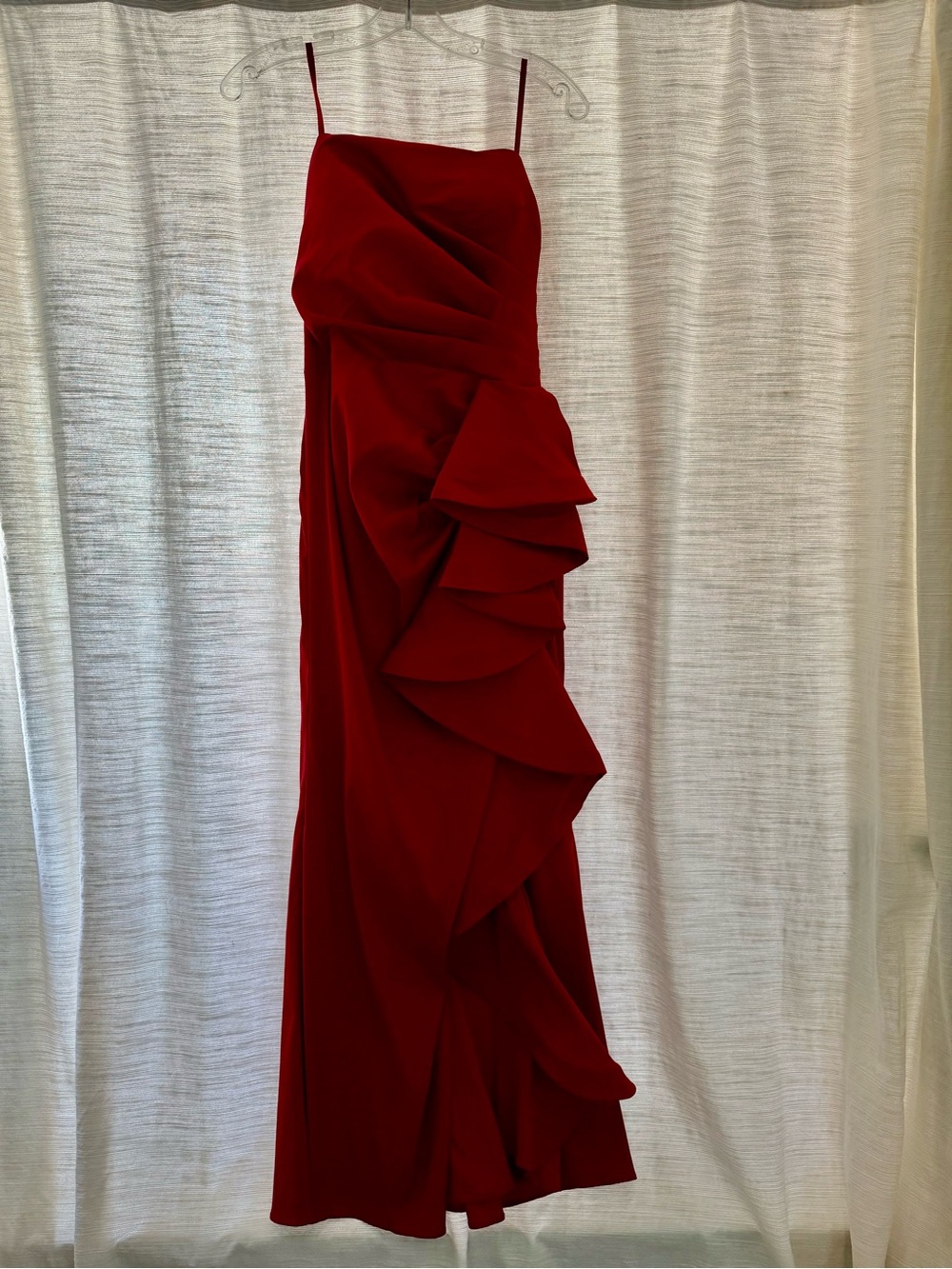 Betsy & Adam Mikado Strapless Gown with Cascading Ruffle-Red. Bridesmaid Dress